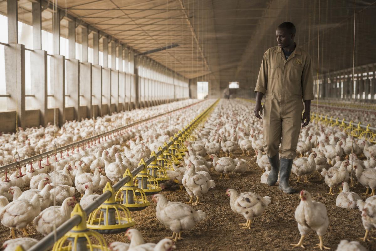 Workers inspecting hens inside a modern commercial poultry house