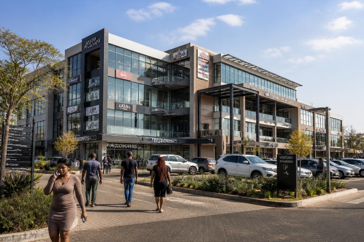A modern mixed-use commercial office and retail complex in an African city